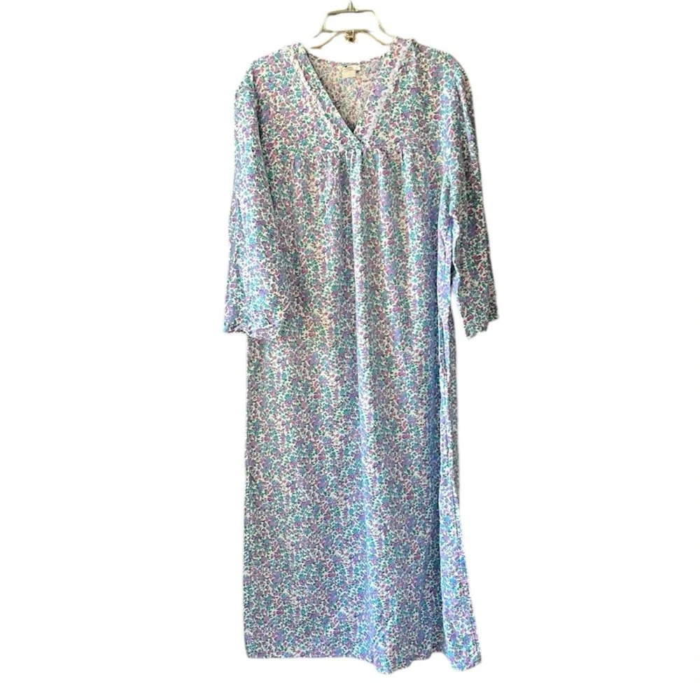 Vintage 100% Cotton Fleece V Neck Maxi Length House Dress Muumuu Pastel Floral